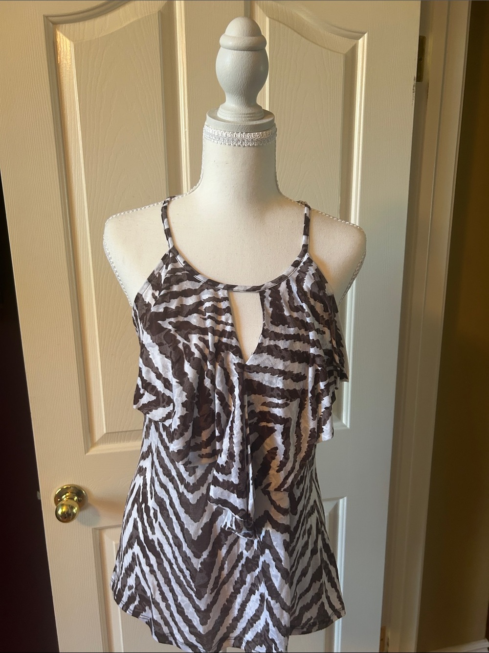 INC International Concepts Brown and White Zebra-Print Ruffle Camisole